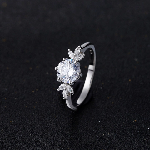 Elegant 925 Sterling Silver Ring For Women Round Brilliant Cut Rhinestone Leaf Design Engagement Wedding Jewelry Finger Ring