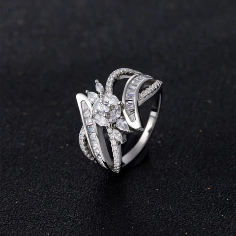 925 Sterling Silver Zirconia Ring For Women Exquisite Wave Pattern Marquise Flower Cluster Luxurious Geometric Finger Ring Jewelry