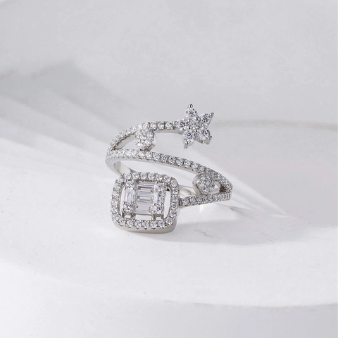 925 Sterling Silver Multi-layer Star Open Ring Luxurious Rhinestone Geometric Adjustable Finger Ring Jewelry For Women