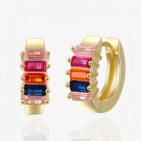 Pendientes de Aro de Plata 925 Arcoíris Circonia Baguette Elegante Colorido Geométrico Incrustado Joyería Para Mujer