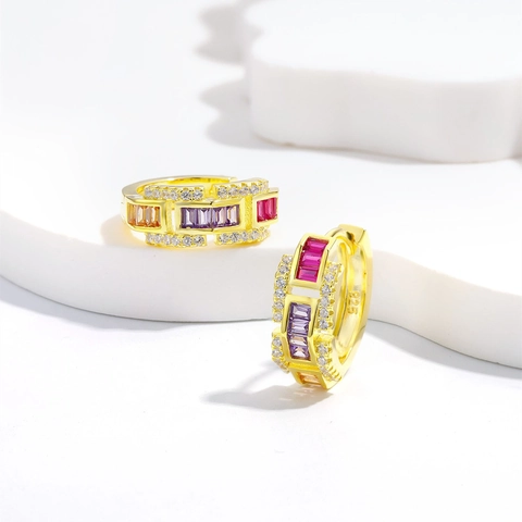 925 Sterlingsilber Bunte Zirkonia Huggie Hoop Ohrringe 18k Vergoldet Rechteckiger Schliff Strass Damen Mode Schmuck