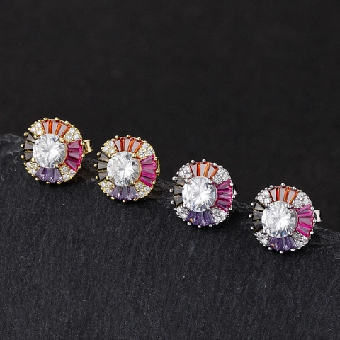925 Sterling Silver Colorful Zirconia Stud Earrings For Women Multi-color Geometric Inlaid Fashion Jewelry Party Gift