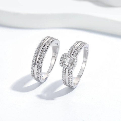 925 Sterling Silver Zirconia Stackable Double Rings Creative Geometric Electroplated Couple Rings Wedding Jewelry For Women