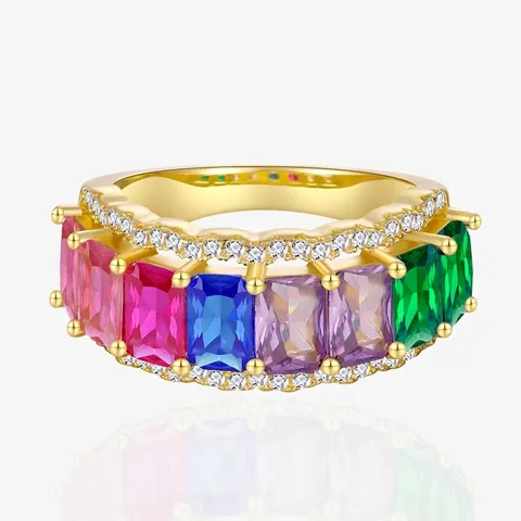S925 Sterling Silver Rainbow Ring Luxury Wide Band Rectangular Cut Colorful Zirconia Inlaid Gold Silver Plated Ring For Women