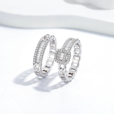 925 Sterling Silver Chain Link Stackable Ring Set For Women Baguette Round Zirconia Inlaid Electroplated Finger Rings Jewelry Gift