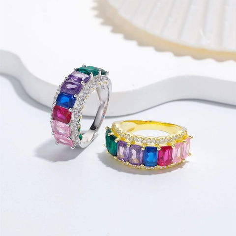 S925 Sterling Silver Rainbow Ring Luxury Wide Band Rectangular Cut Colorful Zirconia Inlaid Gold Silver Plated Ring For Women