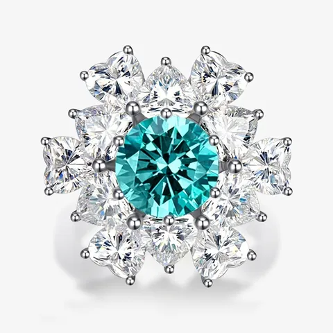 Anello Fiocco di Neve in Argento Sterling 925 Strass ad Alto Tenore di Carbonio Blu Paraiba Bianco Intarsiato per Donna Matrimonio