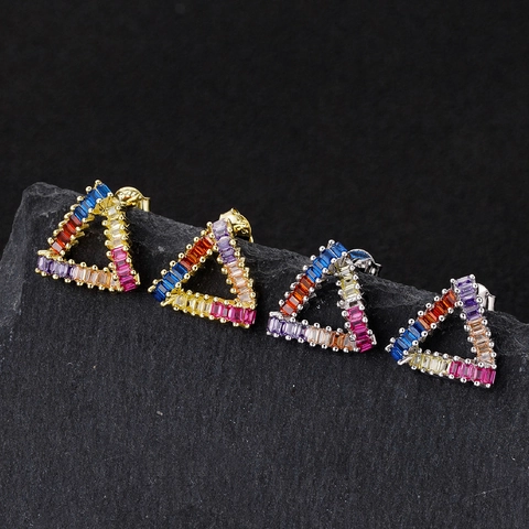 925 Sterling Zilveren Driehoek Regenboog Zirconia Oorknopjes Voor Vrouwen Baguette Geslepen Geometrische Sieraden