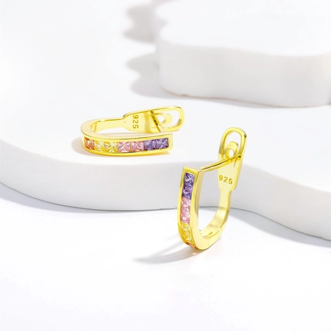 925 Sterling Silver 18K Gold Plated Rainbow Rhinestone Huggie Hoop Earrings U Shaped Geometric Multi Color Jewelry For Women