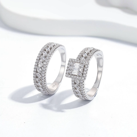 S925 Sterling Silver Geometric Stacking Ring Set For Women Halo Rectangular Zirconia Micro-set Finger Jewelry Engagement