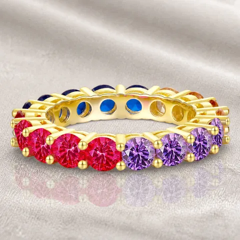 925 Sterling Silver Rainbow Eternity Ring For Women Multi Color Zirconia Pave Inlaid Gold Silver Plated Fashion Wedding Jewelry