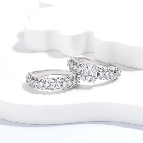 925 Argento Sterling Anelli per Donna Motivo Pizzo Taglio Smeraldo Strass Doppi Anelli Sovrapponibili Retro Fascia Traforata Gioielli