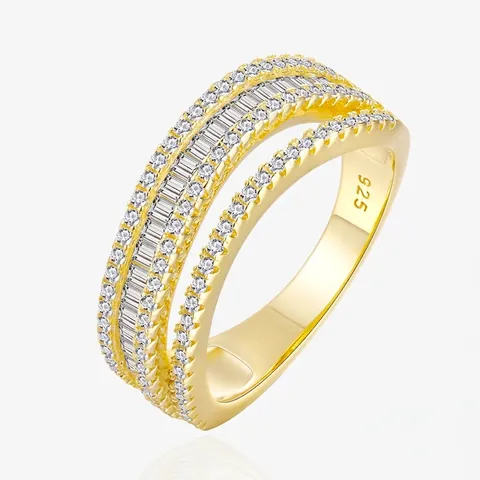 925 Sterling Silver Multilayer Ring For Women 18K Gold Plated Wavy Texture Pave Rhinestone Geometric Fashion Finger Ring Jewelry