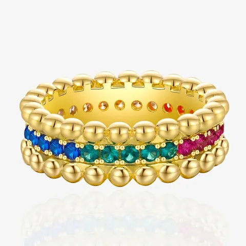 925 Sterling Silver Colorful Zirconia Eternity Ring Beaded Edge Rainbow Stones Gold Silver Plated Fashion Ring For Women