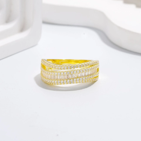 925 Sterling Silver Multilayer Ring For Women 18K Gold Plated Wavy Texture Pave Rhinestone Geometric Fashion Finger Ring Jewelry