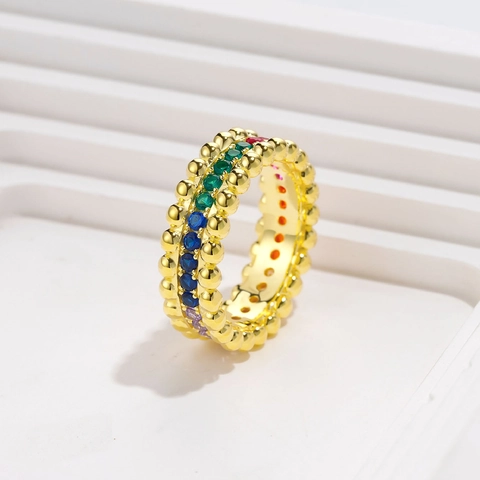 925 Sterling Silver Colorful Zirconia Eternity Ring Beaded Edge Rainbow Stones Gold Silver Plated Fashion Ring For Women