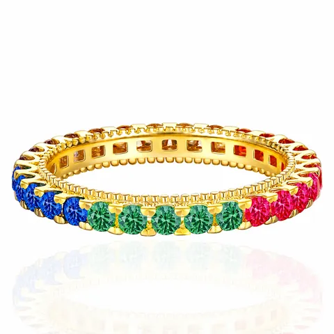 925 Sterling Silver Rainbow Zirconia Eternity Ring For Women Pave Row Milgrain Band Gold Silver Plated Jewelry Gift