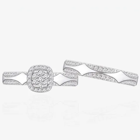Ensemble de Bagues en Argent Sterling S925 Coupe Coussin Zirconia Bagues Empilables Design de Treillis Géométrique Bijoux de Mariage Femme