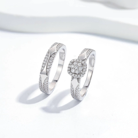 Ensemble de Bagues en Argent Sterling S925 Coupe Coussin Zirconia Bagues Empilables Design de Treillis Géométrique Bijoux de Mariage Femme