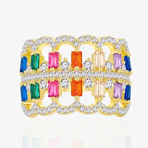 Luxus 925 Sterlingsilber Bunt Zirkonia Breit Ring Für Damen Übertrieben Hohl Regenbogen Geometrisch Band Mode Schmuck Geschenk
