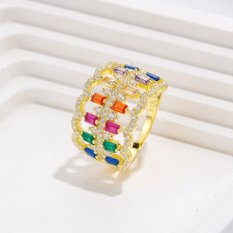 Luxus 925 Sterlingsilber Bunt Zirkonia Breit Ring Für Damen Übertrieben Hohl Regenbogen Geometrisch Band Mode Schmuck Geschenk