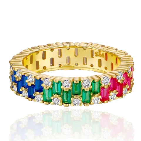 Luxury S925 Sterling Silver Ring For Women Colorful Trapezoidal Zirconia Inlaid Rainbow Geometric Fashion Finger Jewelry