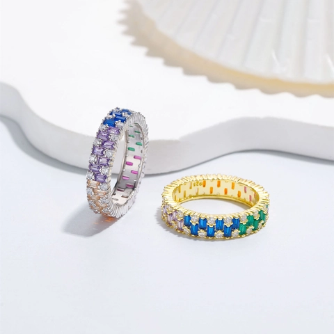 Luxury S925 Sterling Silver Ring For Women Colorful Trapezoidal Zirconia Inlaid Rainbow Geometric Fashion Finger Jewelry