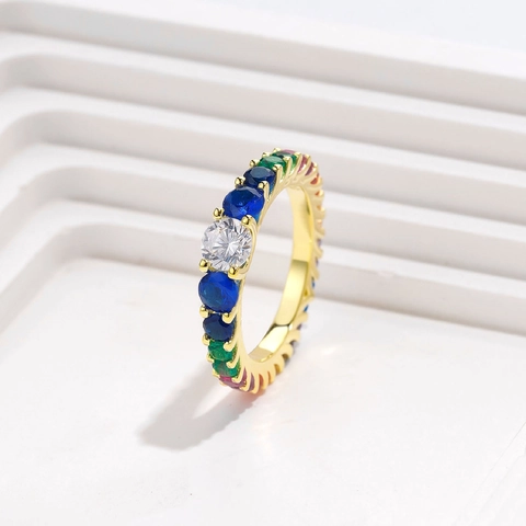 Original Design S925 Sterlingsilber Regenbogen Ring Für Damen Geometrische Mehrfarbige Zirkonia Eingelegt Brilliant Schliff Hochzeit Schmuck