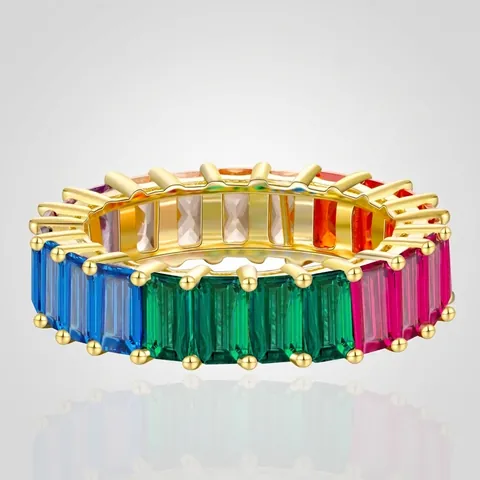 925 Sterlingsilber Regenbogen Eternity Ring Luxuriöse Zirkonia Baguette Schliff Hochzeit Ring Für Damen Mode Schmuck