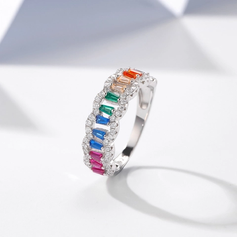 925 Sterlingsilber Regenbogen Zirkonia Ring Für Damen Hohlnetz Eingelegt Baguette Schliff Bunte Zirkonia Mode Statement Schmuck