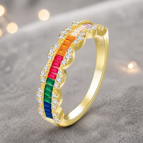 925 Sterling Silver Wave Zirconia Ring For Women Gold White Gold Plated Rainbow Baguette Zirconia Eternity Band Ring High-end Jewelry