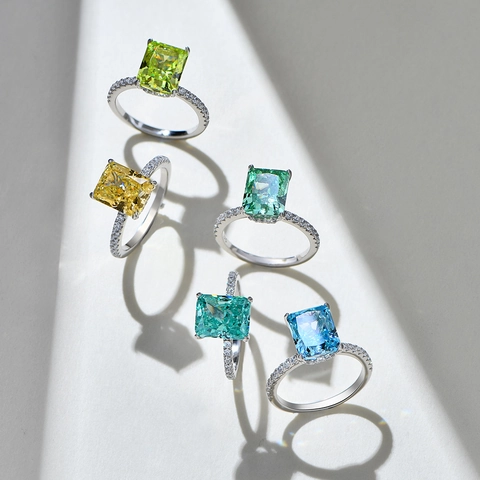 Anello in Argento Sterling 925 Con Taglio Radiant e Strass per Donna Moda Colorata Pietra Preziosa Rettangolare Gioielli