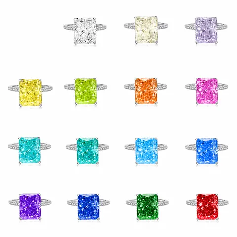 925 Sterling Silver Radiant Cut Zirconia Ring Luxurious Rectangular Colorful High Carbon Stone Pavé Setting Statement Jewelry Women