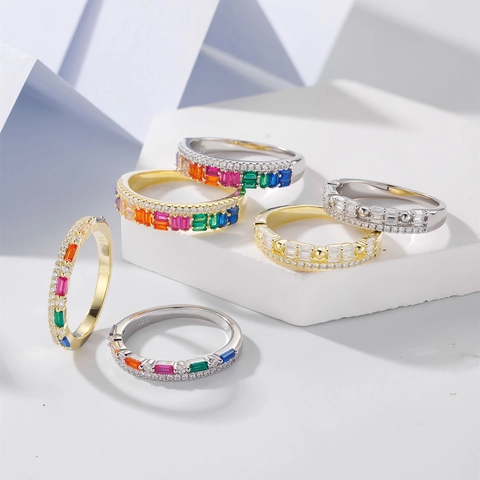925 Sterling Zilveren Regenboog Strass Eternity Ring Voor Dames 14K Vergulde Rechthoekige Zirkonia Ingelegde Stapelbare Ring
