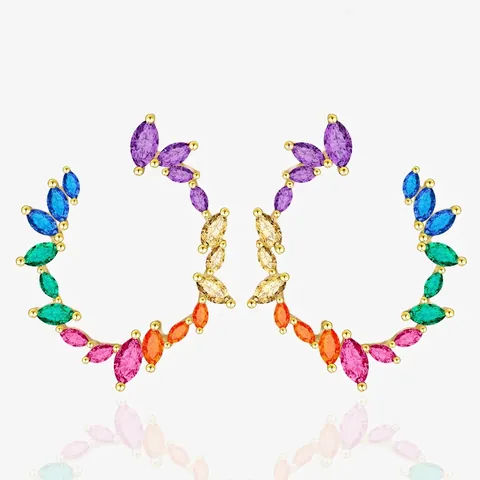 Orecchini a Cerchio in Argento Sterling 925 Ramoscello d'Ulivo Arcobaleno Zirconia Marquise Placcati Oro Foglia Donna Gioielli Regalo