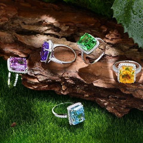 925 Sterling Silver Radiant Cut Color Gemstone Ring For Women Luxury Inlaid Rhinestone Cocktail Party Finger Ring Jewelry