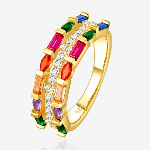 925 Sterling Silver Colorful Zirconia Wide Band Ring Rainbow Pavé Geometric Ring For Women Personalized Light Luxury Jewelry