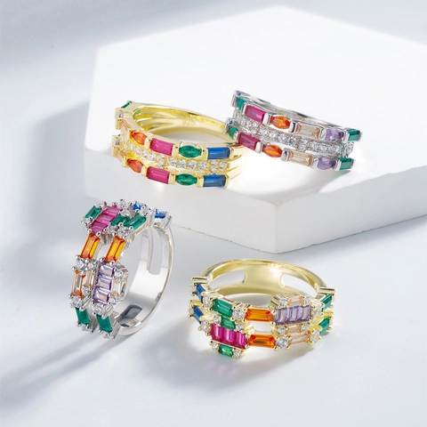 925 Sterling Silver Colorful Zirconia Wide Band Ring Rainbow Pavé Geometric Ring For Women Personalized Light Luxury Jewelry