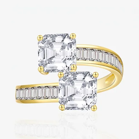 925 Sterling Silver Bypass Ring For Women Double Square Rhinestone Inlaid Fashion Two Stone Geometric Band Jewelry