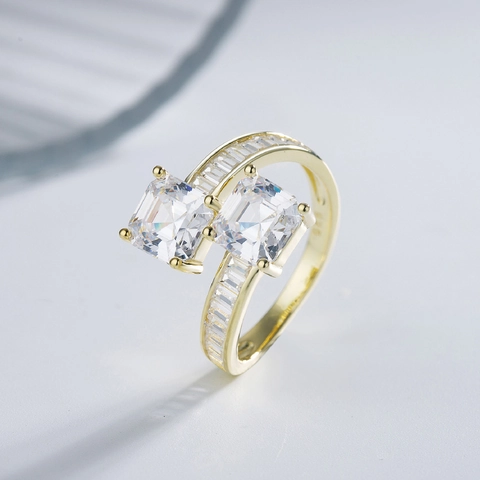 925 Sterling Silver Bypass Ring For Women Double Square Rhinestone Inlaid Fashion Two Stone Geometric Band Jewelry