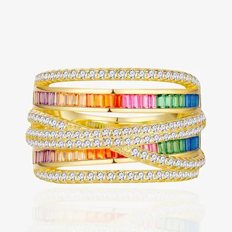 Luxury 925 Sterling Silver Rainbow Zirconia Ring For Women Wide Band Criss Cross Multi Layer Micro Pave Rhinestone Finger Ring Jewelry Gift