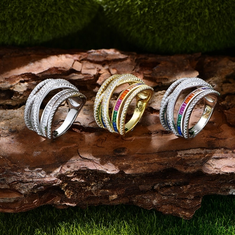 Luxury 925 Sterling Silver Rainbow Zirconia Ring For Women Wide Band Criss Cross Multi Layer Micro Pave Rhinestone Finger Ring Jewelry Gift