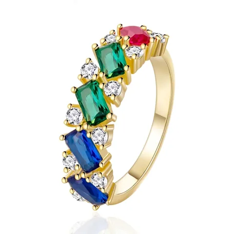 Luxe 925 Sterling Zilver 14K Vergulde Regenboog Zirconia Ring Voor Vrouwen Kleurrijke Geometrische Rechthoek Steen Ingelegd Sieraden