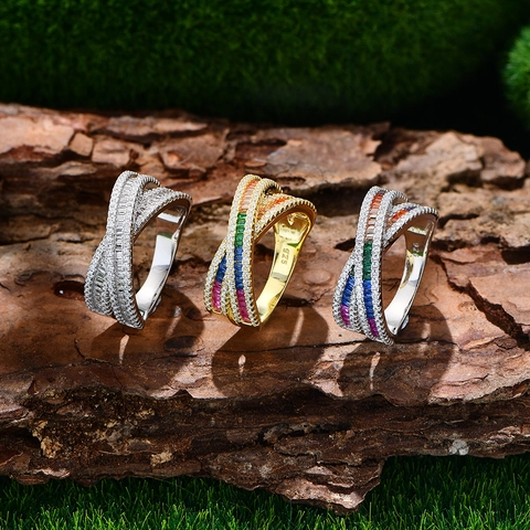 Luxury 925 Sterling Silver X Cross Overlap Rainbow Zirconia Ring For Women Colorful Pave Band Ring Fashion Jewelry Gift