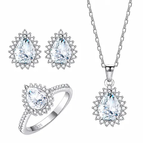 925 Sterlingsilber Wassertropfen Halo Schmuckset Birnenschliff Zirkonia Anhänger Halskette Ohrringe Ring Für Damen Einfacher Eleganter Party Schmuck