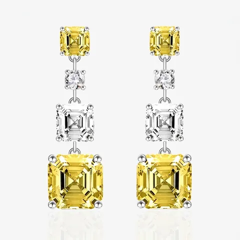 925 Sterling Silver Asscher Cut Yellow Rhinestone Drop Earrings For Women Elegant Long Geometric Dangle Earrings Jewelry Gift