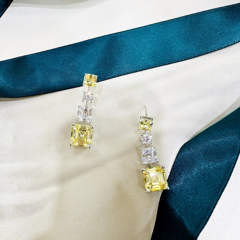 925 Sterling Silver Asscher Cut Yellow Rhinestone Drop Earrings For Women Elegant Long Geometric Dangle Earrings Jewelry Gift