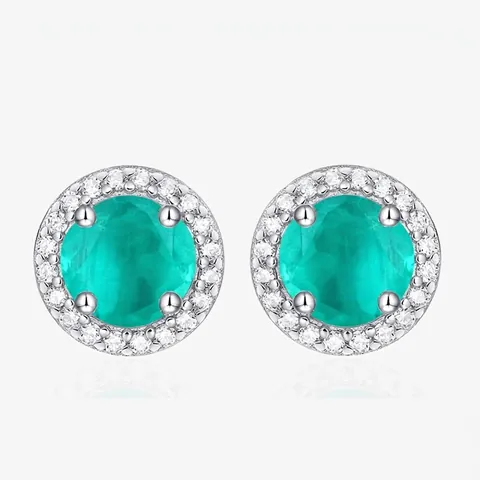 925 Sterling Silver Paraiba Color Round Stud Earrings Luxury Halo Rhinestone Inlaid Jewelry For Women Fashion Ear Studs