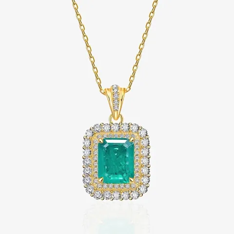 Collana con Pendente in Argento Sterling 925 e Smeraldo Sintetico per Donna Doppia Fila di Strass Rettangolo Oro Placcato Gioielli