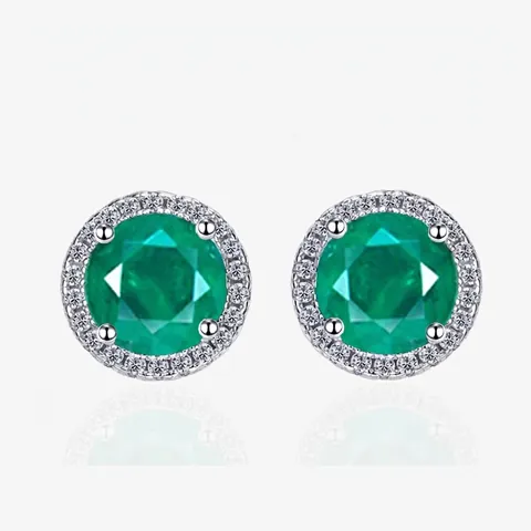 925 Argento Sterling Smaraldo Simulato Halo Orecchini a Bottone Donna Tondi Strass Intarsiato Verde Pietra Orecchini